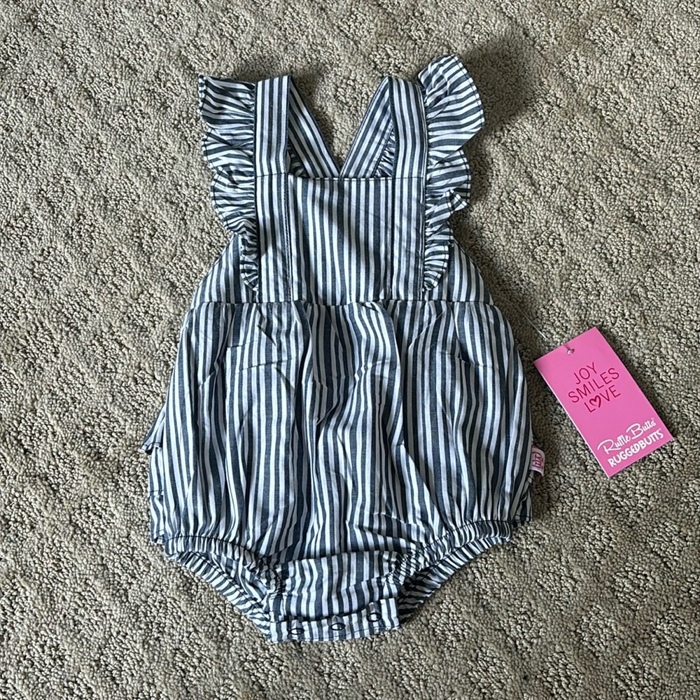 NWT Ruffle Butts baby girl flutter overall ruffled romper in navy stripe